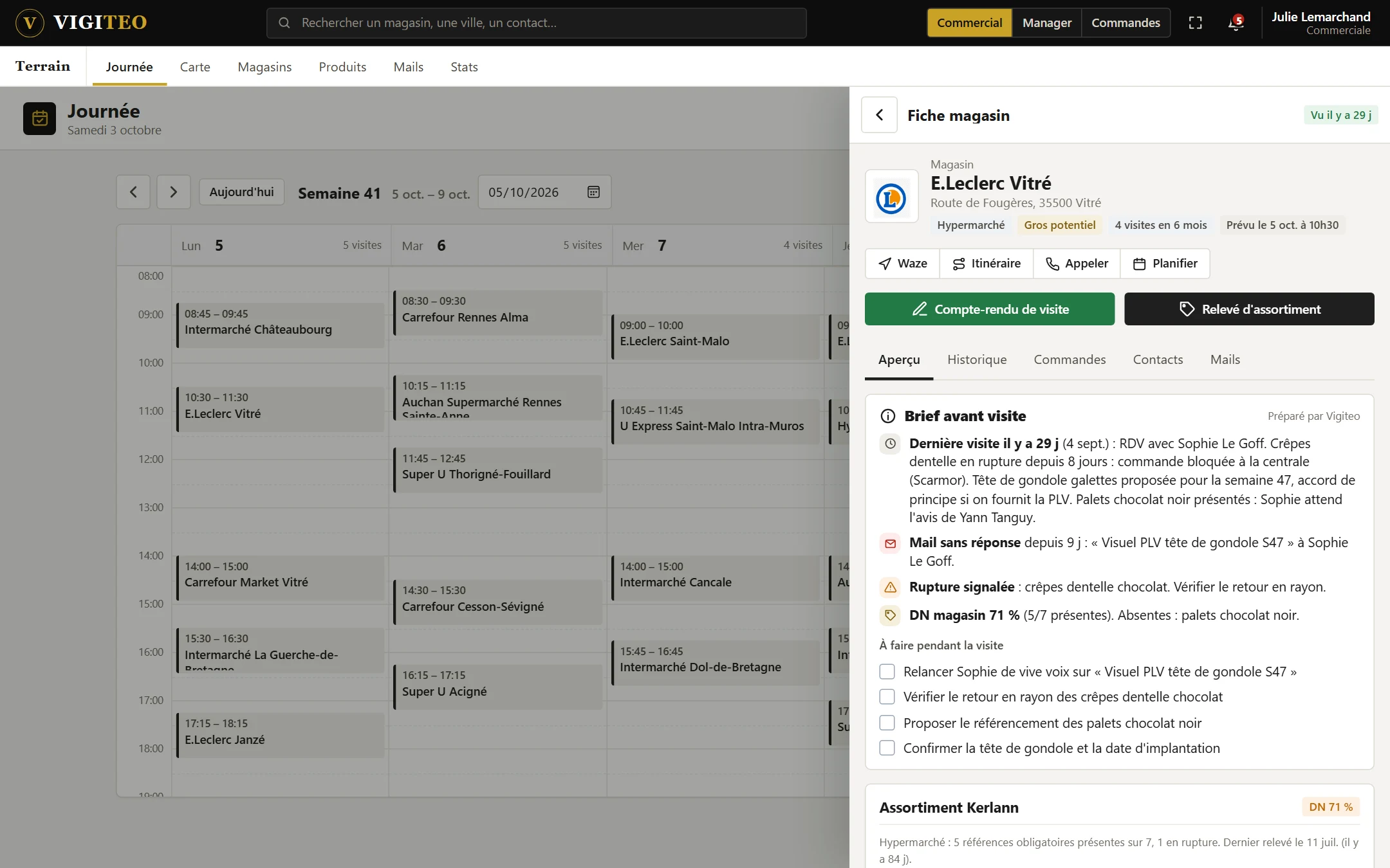 Fiche magasin : DN, assortiment, historique des relevés et brief avant visite
